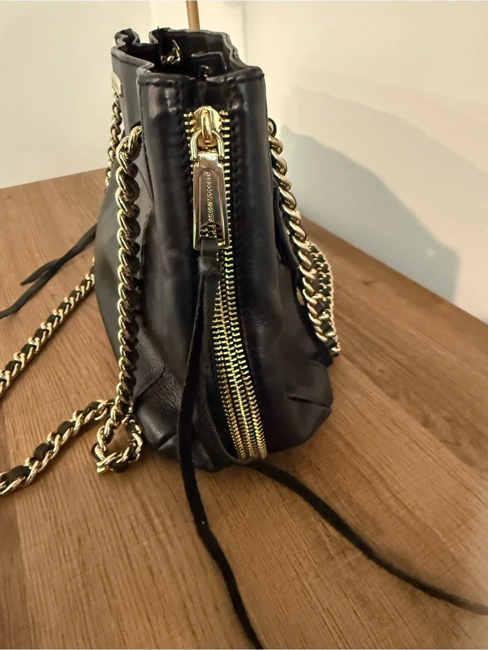 Rebecca Minkoff Black Leather Shoulder Bag with Gold Chain Straps - Picture 7 of 8